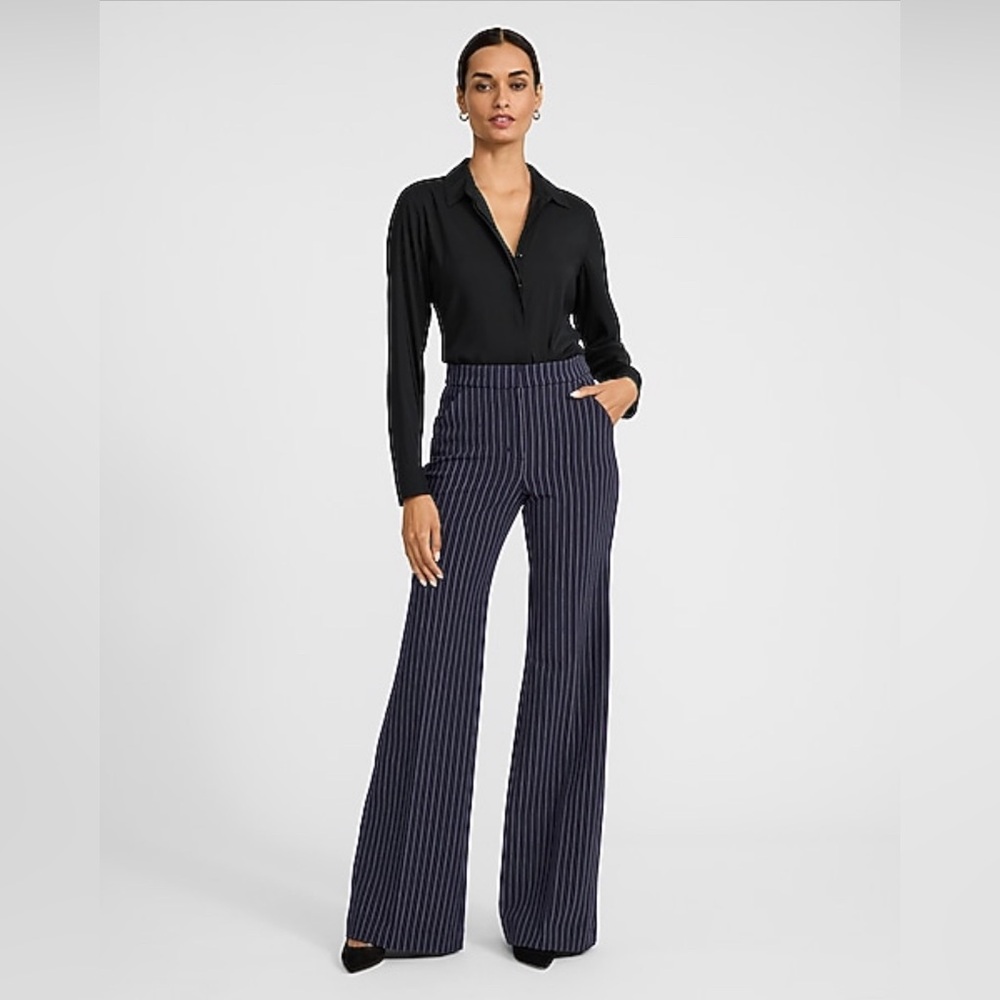 NWT Express Editor Studio Stretch Twill High Waisted Pinstripe Flare Trouser